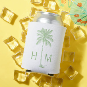 Green and White Palm Palmetto Tree Monogram Can Cooler