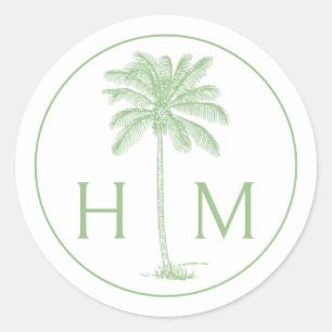 Green and White Palm Palmetto Tree Monogram Classic Round Sticker