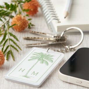 Green and White Palm Palmetto Tree Monogram Keychain