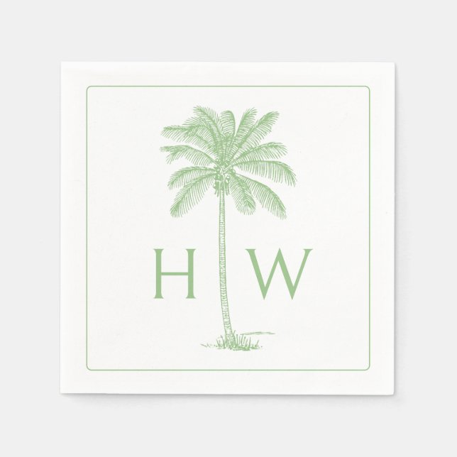 Green and White Palm Palmetto Tree Monogram Napkin (Front)