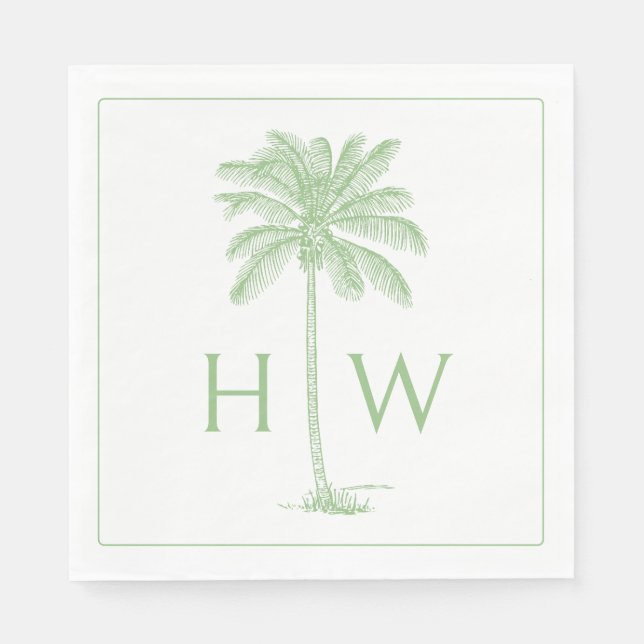 Green and White Palm Palmetto Tree Monogram Napkin (Front)