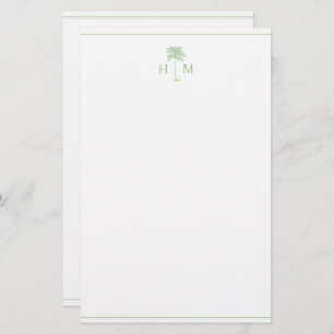 Green and White Palm Palmetto Tree Monogram Stationery