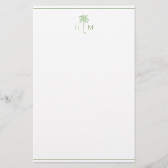 Green and White Palm Palmetto Tree Monogram Stationery (Front)