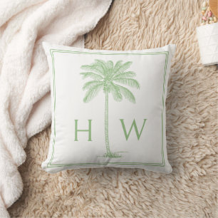 Green and White Palm Palmetto Tree Monogram Throw Pillow