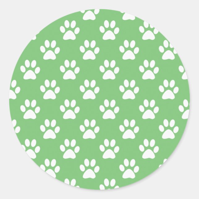 Green and white paws pattern classic round sticker (Front)