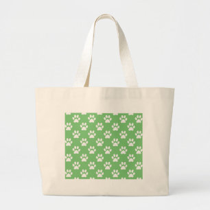 Green and white paws pattern large tote bag