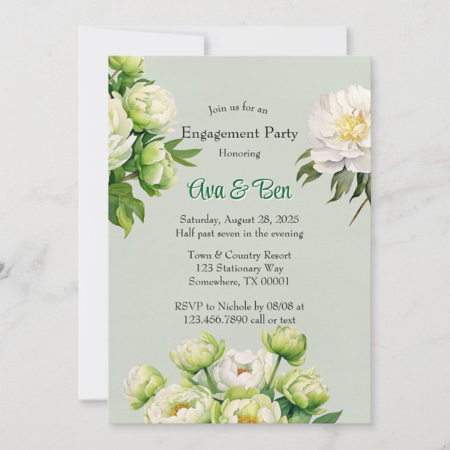 Green and White Peony Elegant Engagement Party Invitation (Front)
