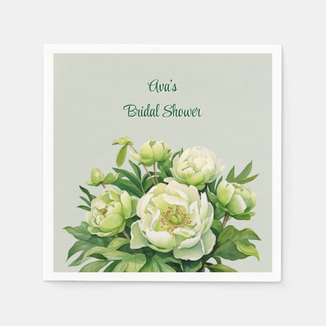 Green and White Peony Elegant Wedding Napkin (Front)