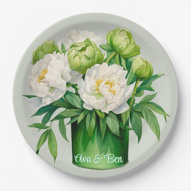 Green and White Peony Elegant Wedding Paper Plate (Front)