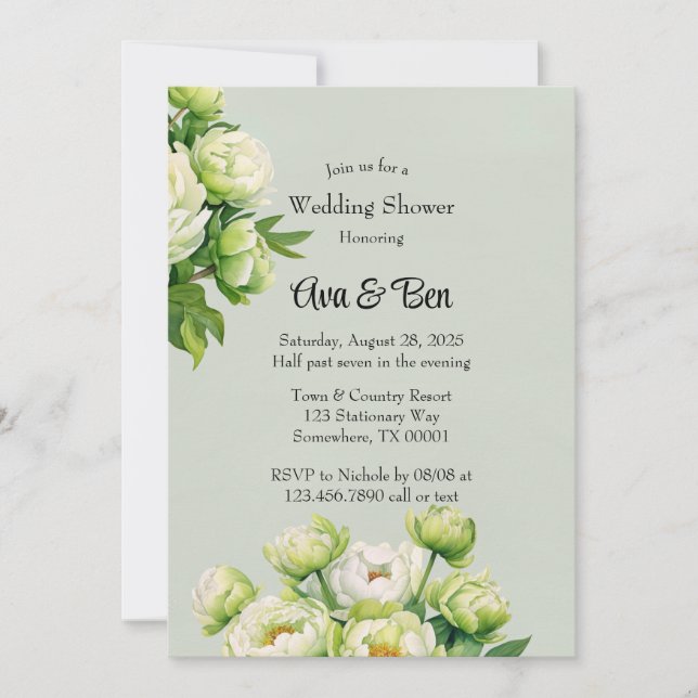 Green and White Peony Elegant Wedding Shower Invitation (Front)
