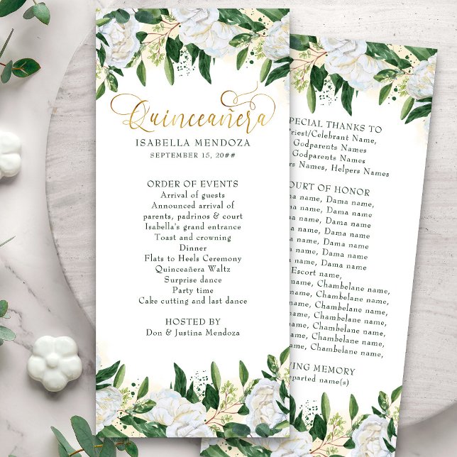 Green and White Peony Floral Quinceanera Program (Quinceanera program and order of events from my Emerald Greenery & White Peony collection)