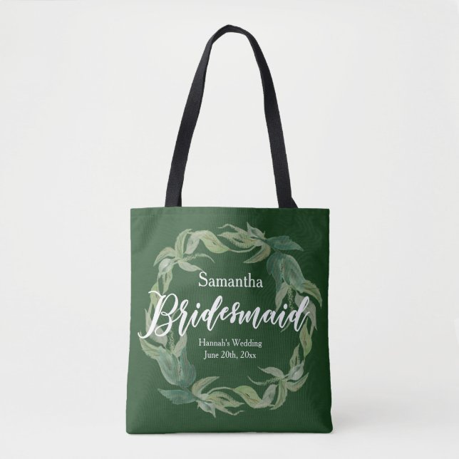 Green and White Personalized Bridesmaid Boho Tote Bag (Front)