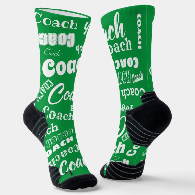 Green and White Personalized Coach Gift Name Art Socks (Angled)