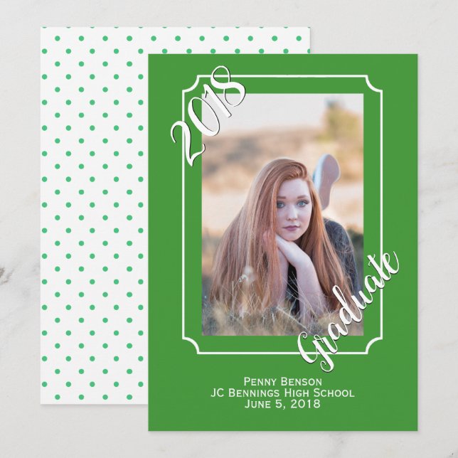 Green and White Photo Graduation Annoucement Invitation (Front/Back)