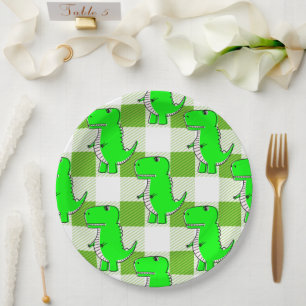 Green and White Plaid Dino Tartan Pattern Paper Plate