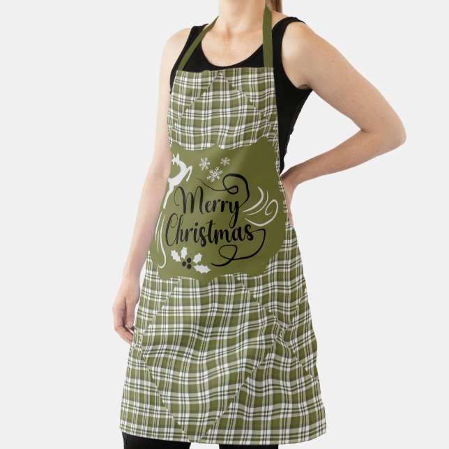Green and White Plaid Merry Christmas Reindeer Apron (Insitu)