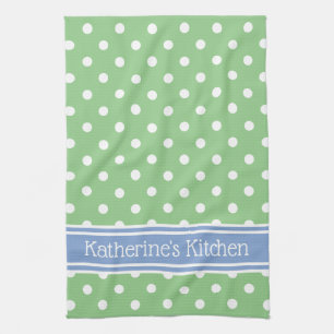Green and White Polka Dot With Blue Personalized Kitchen Towel