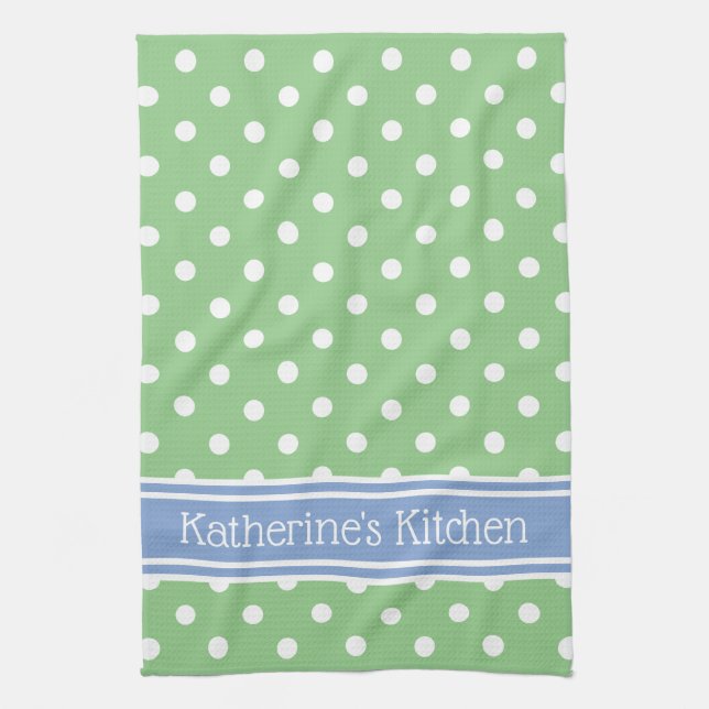 Green and White Polka Dot With Blue Personalized Kitchen Towel (Vertical)