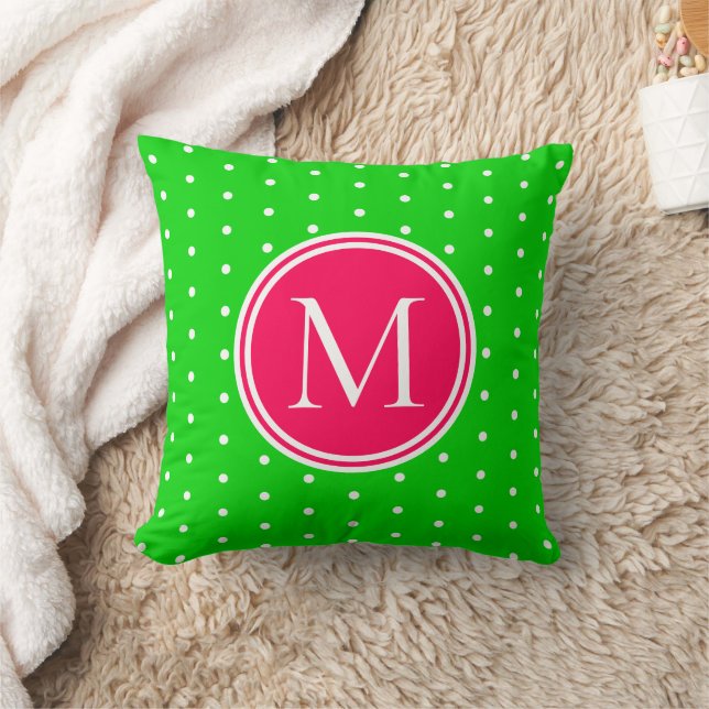 Green and White Polka Dot With Pink Monogram Throw Pillow (Blanket)