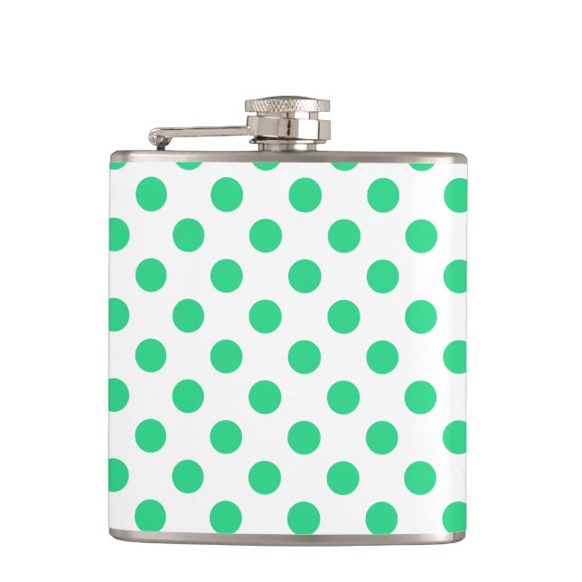 Green and white polka dots hip flask (Front)