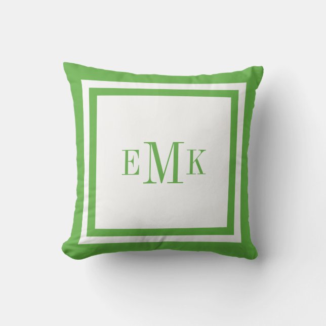Green and White Preppy Ribbon Dots Custom Monogram Throw Pillow (Front)