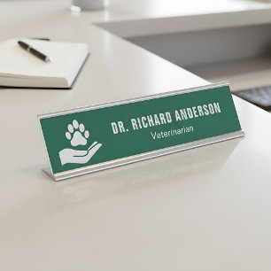 Green and White Professional Veterinarian Desk Name Plate