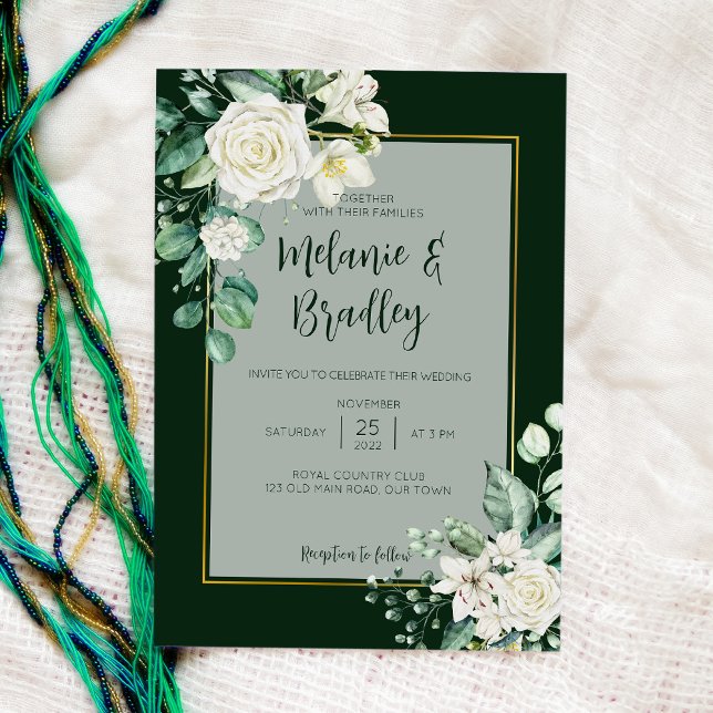 Green and white roses elegant simple wedding invitation (Creator Uploaded)