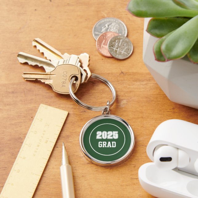 Green and White School Colours Grad Keychain (Desk)