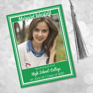Green and White School Colours Photo Graduation Announcement Postcard