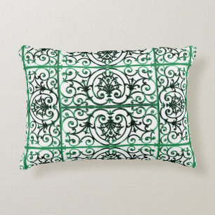 Green and white scrollwork pattern accent pillow