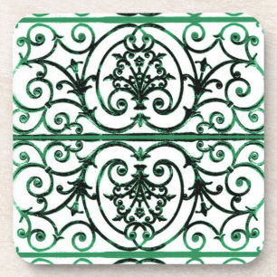 Green and white scrollwork pattern coaster