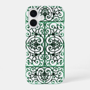 Green and white scrollwork pattern iPhone 16 case