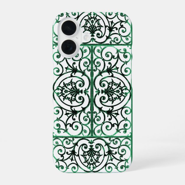 Green and white scrollwork pattern iPhone 16 case (Back)