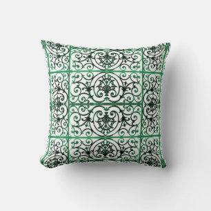 Green and white scrollwork pattern throw pillow