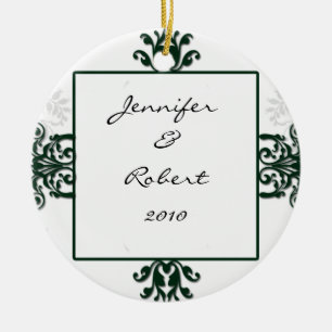 Green and White Silver Damask Ceramic Ornament