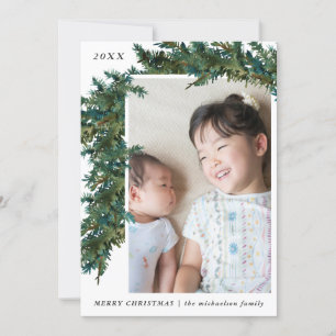 Green and White Simple Branches Photo Holiday Card