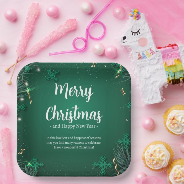 Green and White Simple Christmas Day 9" Square Paper Plate (Party)