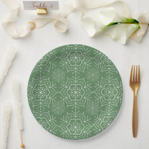 Green and white snowflake Christmas Paper plate