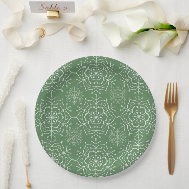 Green and white snowflake Christmas Paper plate (Wedding)