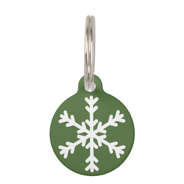 Green and White Snowflake Holiday Dog Pet Tag (Front)