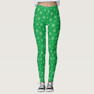Green and White Snowflake Leggings