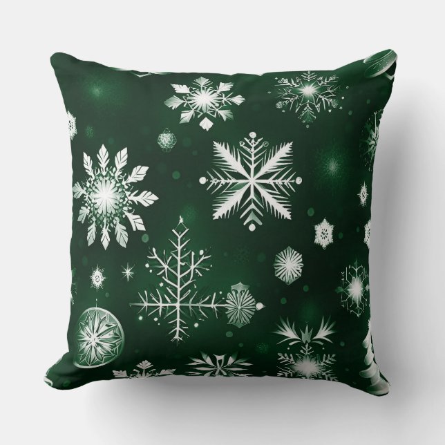 Green And White Snowflake Pattern Throw Pillow (Front)