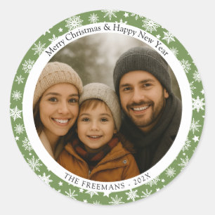Green and White Snowflakes Holiday Photo Classic Round Sticker