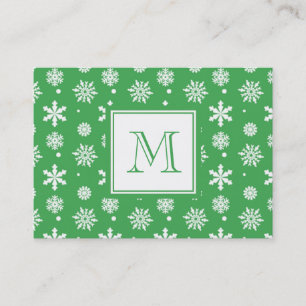 Green and White Snowflakes Pattern 1 with Monogram Business Card