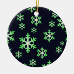 Green and White Snowflakes w/Blue Background Ceramic Ornament