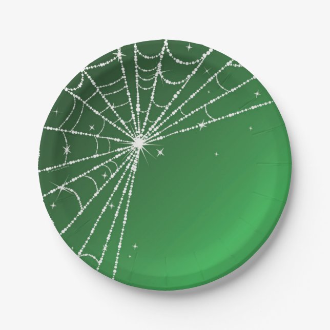 Green and White Sparkling Diamond Spider Web Paper Plate (Front)