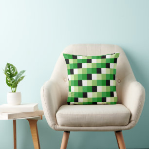 Green and White squares Pattern Throw Pillow