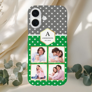 Green and White Stars Pattern Photo Collage iPhone 16 Case