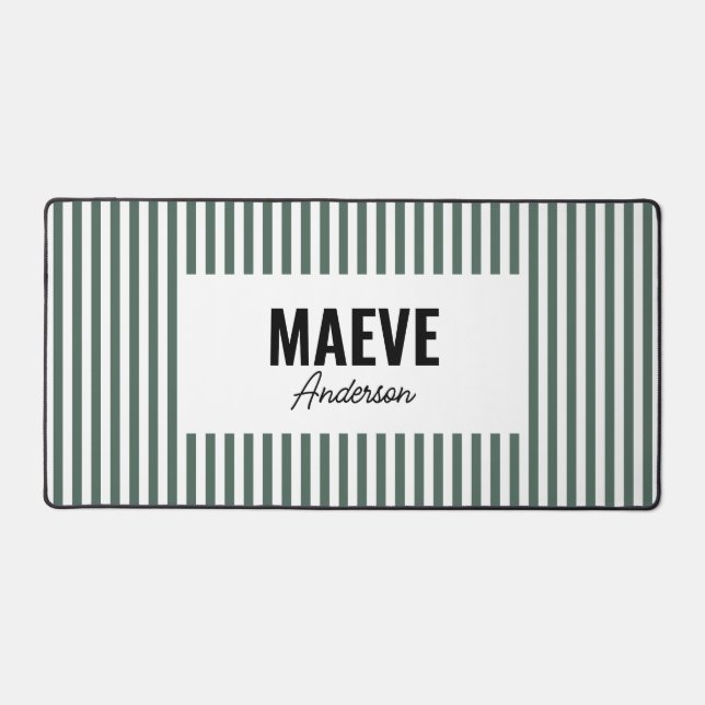 Green and white stripe personalized modern elegant desk mat (Front)