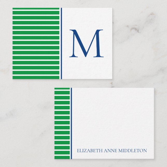 Green and White Stripe With Navy Blue Monogram Card (Front/Back)
